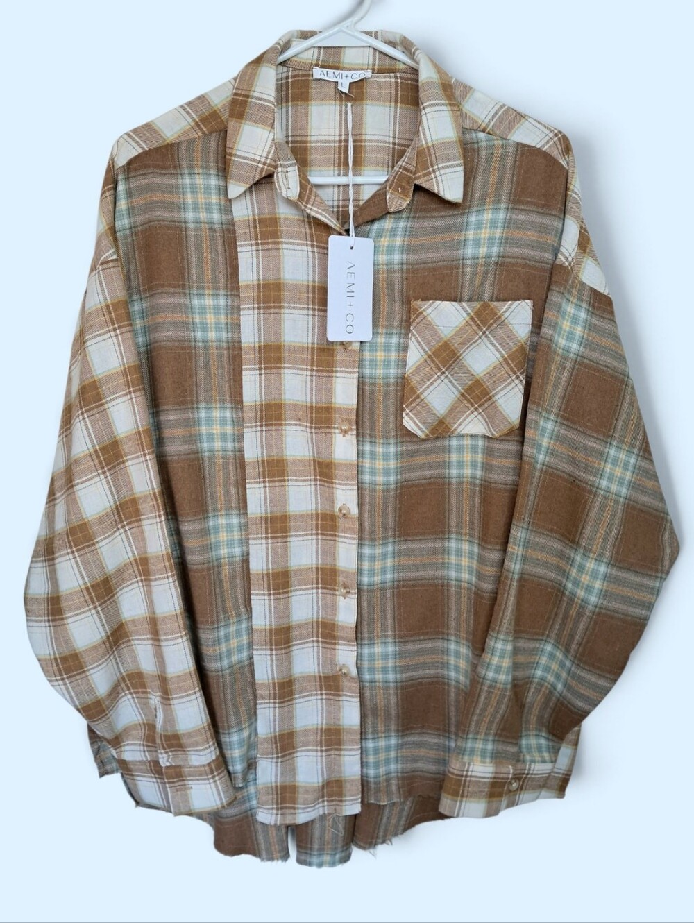 AEMI+CO Oversized Plaid Button Down Flannel Shirt Brown White Sage Size L